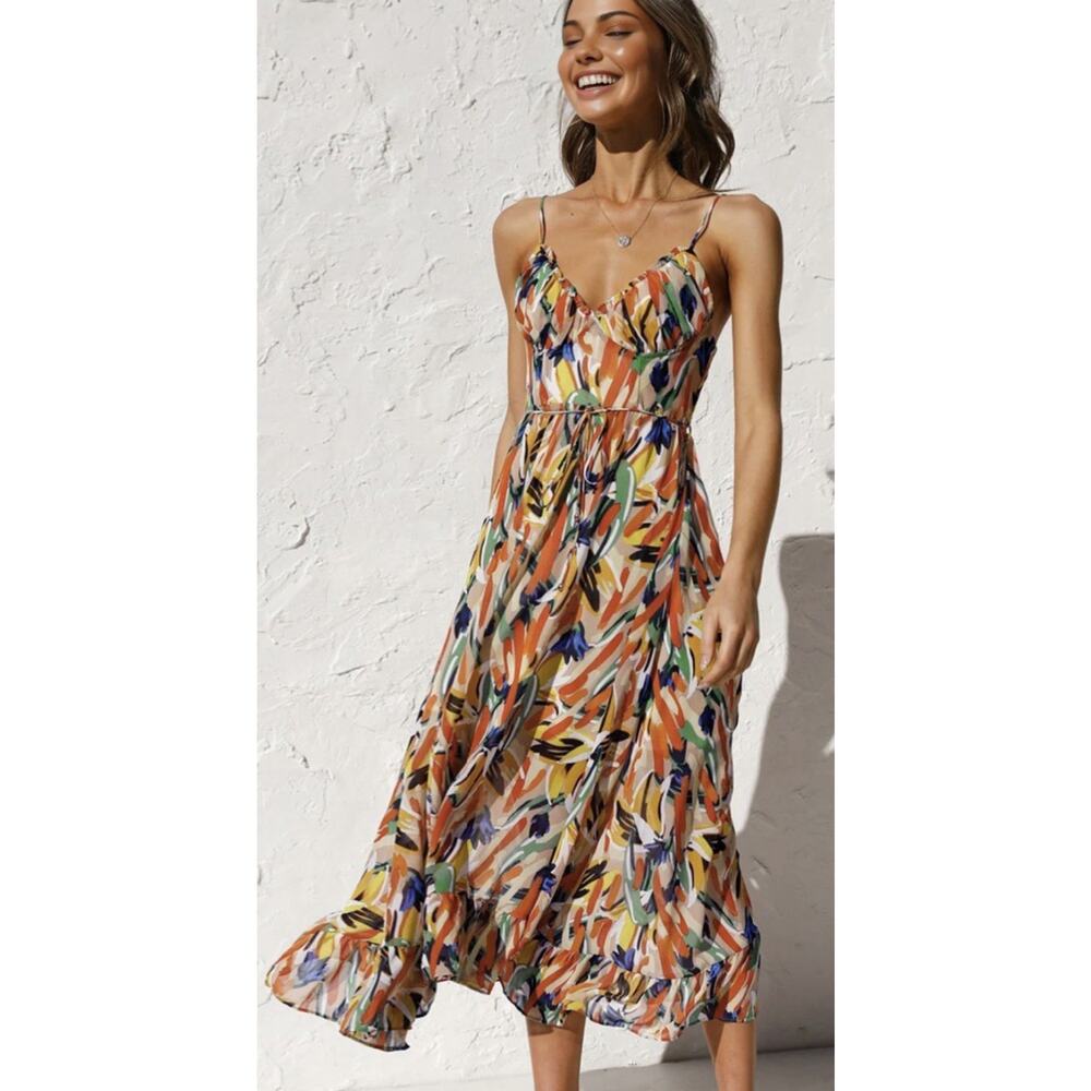 NWT Commense Multi Color Print Cami Midi Dress, Large